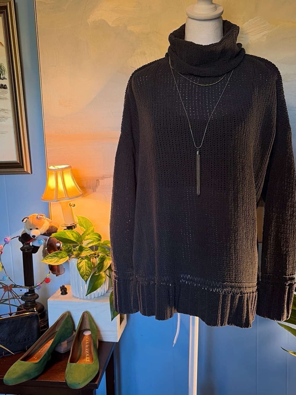 aerie Gray Open-Knit Cowl Neck Sweater with Ruffle Hem